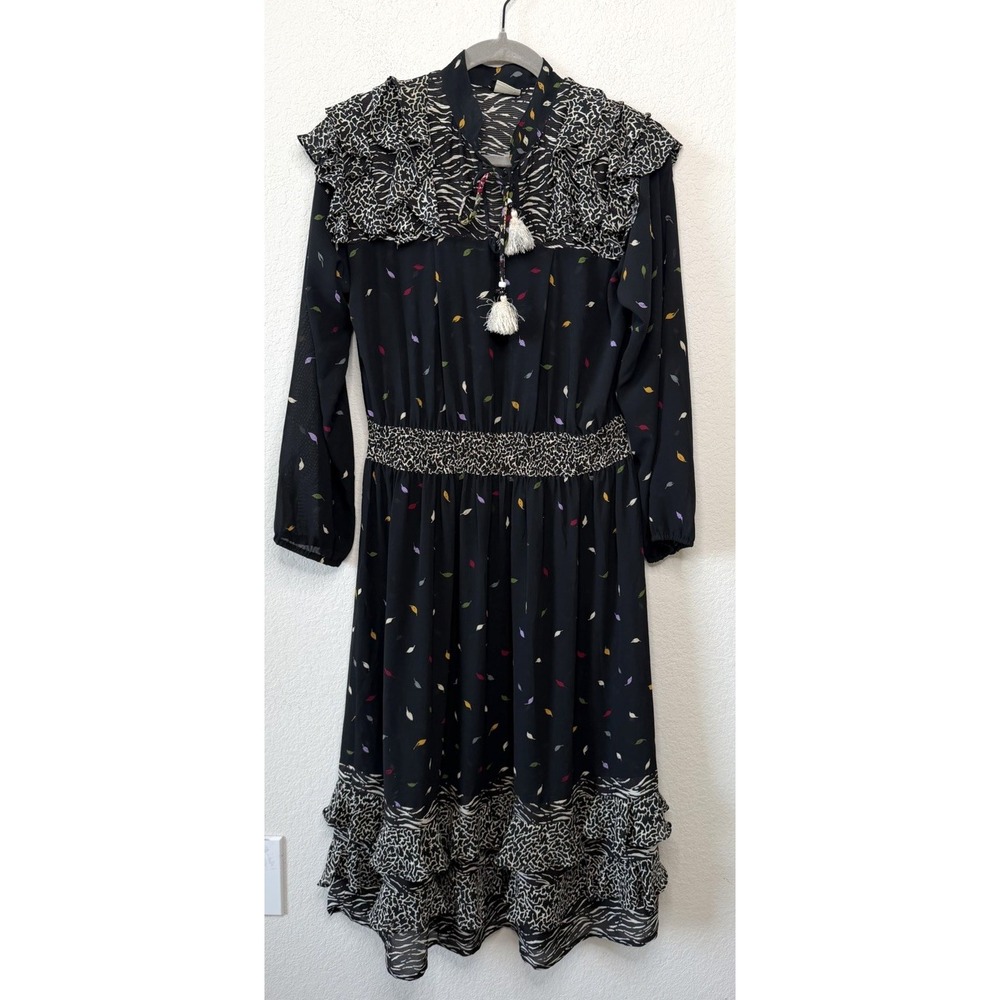 Vintage Diane Freis Midi Dress Georgette Semi Sheer Black Ruffle Tassel Boho 80s
